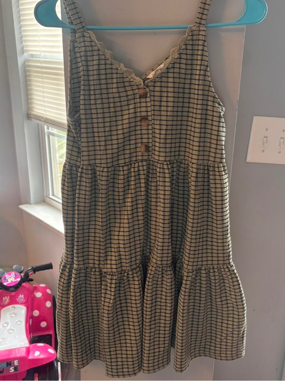 Girls Plaid Tiered Sundress with Button Front - Olive Green